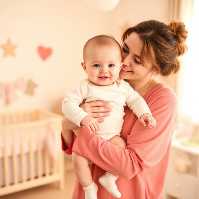 Mother holding a baby in a cream onesie