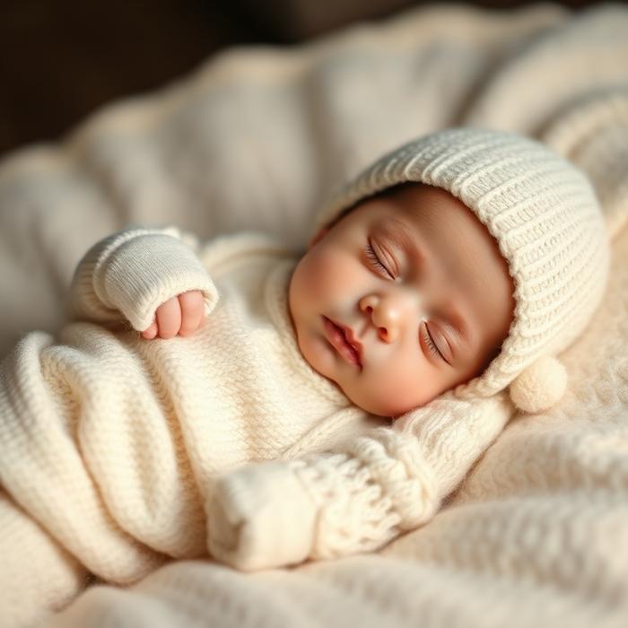 Newborn sleeping in cream knit outfit and mittens