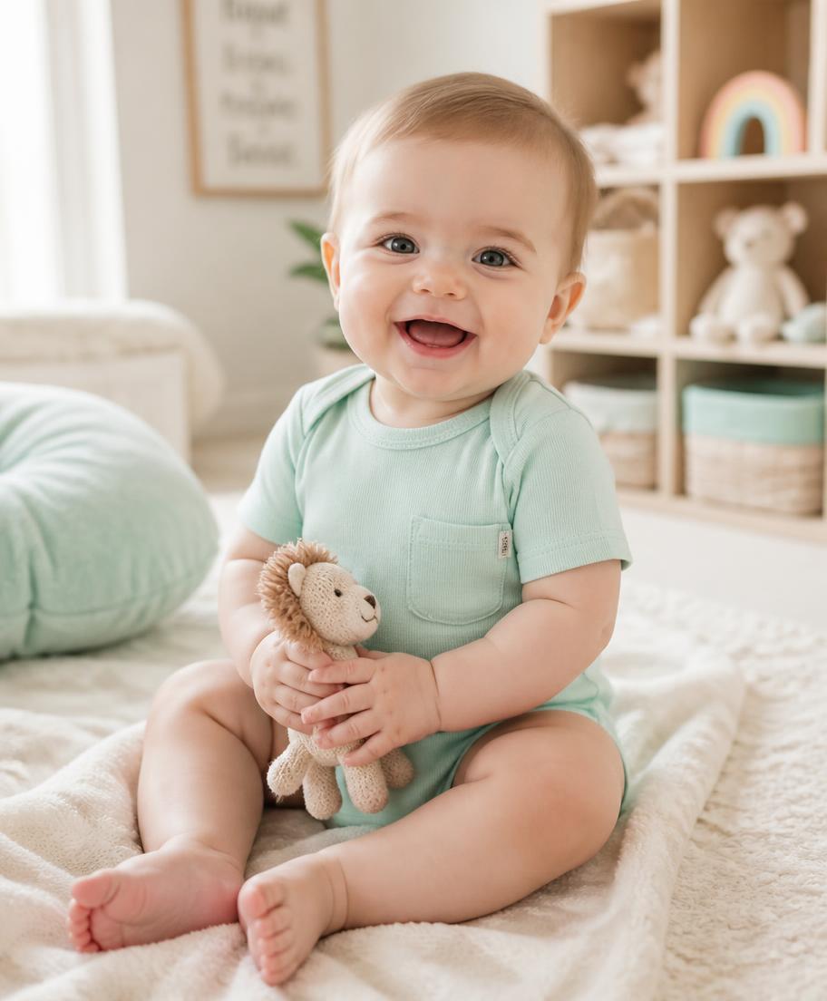 Baby in a mint cotton onesie holding a soft toy