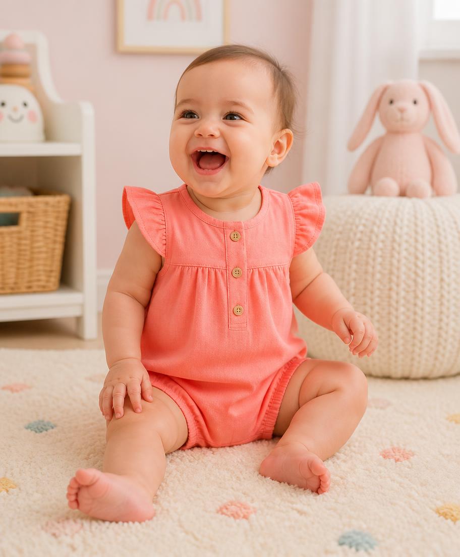 Laughing baby in a coral romper