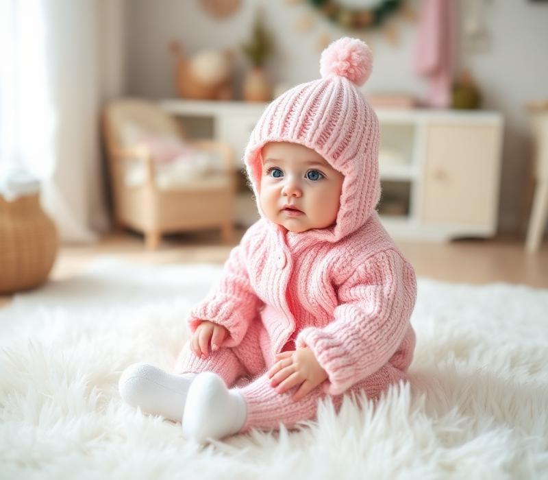 Baby in pink knitted winter suit